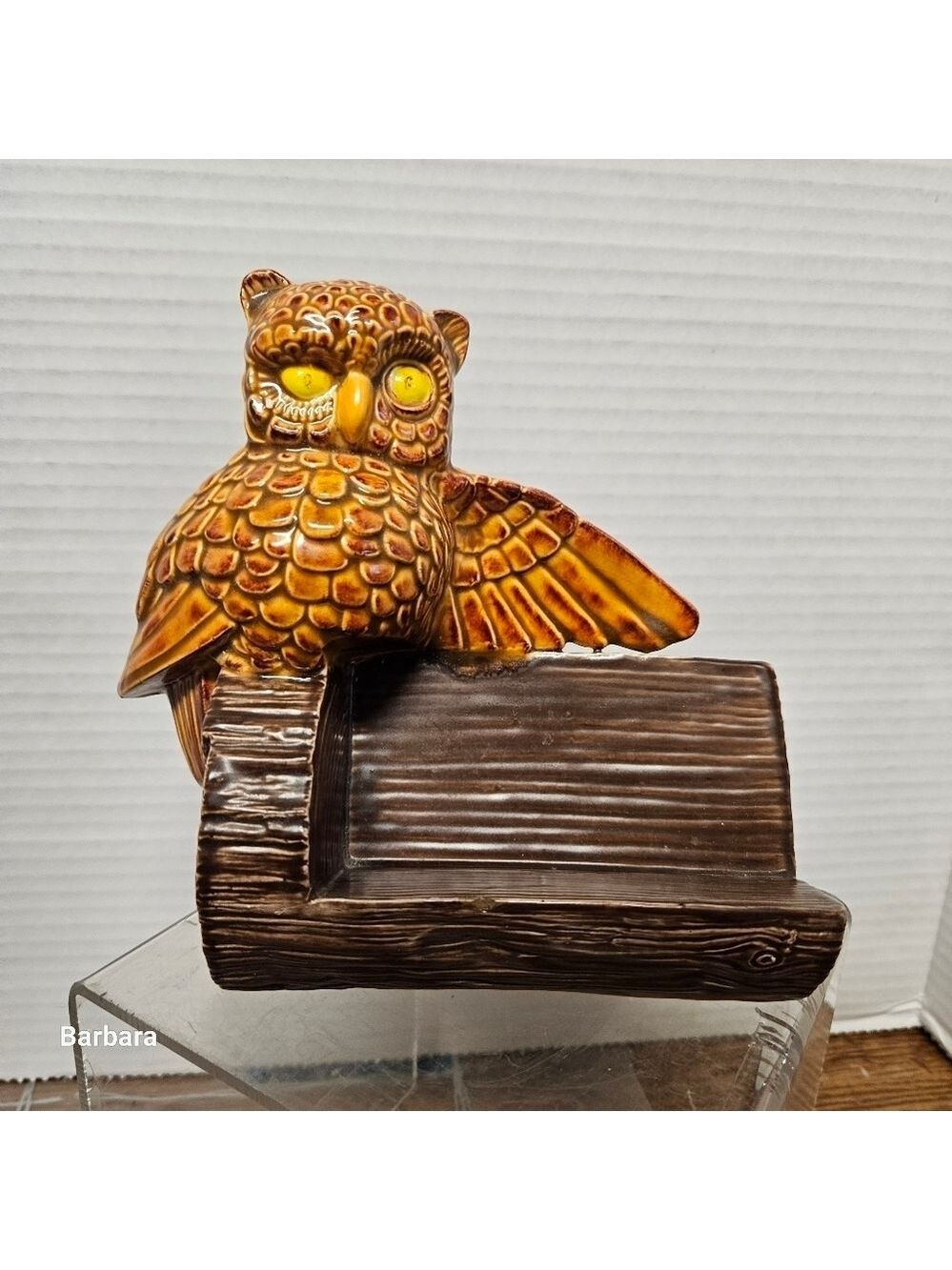 Vintage 70s Scioto Ceramic Productions Owl Figurine on Log Card Holder